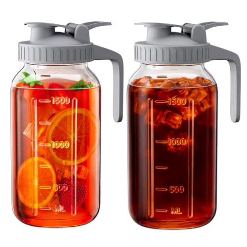 OneDream 2 Pack Mason Jar Pitcher, 64 oz Glass Pitcher with Lid, Sun Tea Glass Jar for Outside, Large Mason Jar Wide Mouth, Iced Tea Pitcher for Cold Beverages, Breast Milk