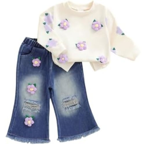 Toddler Baby Girl Clothes Fall Winter Baby Girl Outfit Floral Crewneck Sweatshirt Bell Bottom Jeans Pants Set