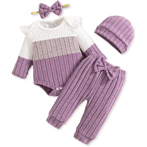 Mioglrie Newborn Baby Girl Clothes Infant Fall Outfits Color Block Pants Set Baby Clothes for Girls 0 3 6 9 12 18 Months