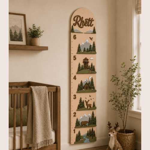 Personalized Mountain Wooden Growth Chart for Boys Room, Custom Wooden Forest Height Ruler, Outdoor Adventure Tree Measuring Nursery Decor