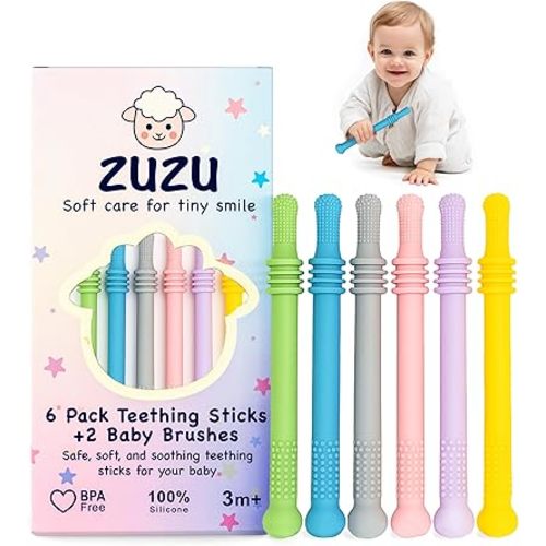 6 Pack Baby Sensory Montessori Toys for 0 3 6 12 18 24 Months Teether for Babies, Baby Teether Teething Stick Toys, Newborn Developmental Toys, Babies Essential Gift– BPA‑Free, Food‑Grade Silicone