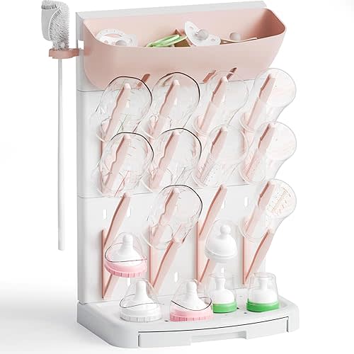SuoXing Vertical Baby Bottle Drying Rack with Brush- Hold 16 Bottles - Large Breast Pump,Bottle Dryer Rack for Kitchen Countertop,Space Saving Bottle Stand Holder for Pacifiers,Pump Accessories,Pink