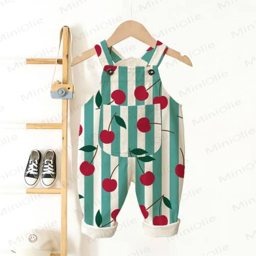 Baby Toddler Cherry Green Stripes Beige Pocket Overalls (3-6m or 6-12m)