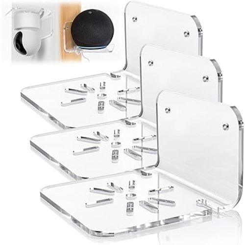 SIPRDE Acrylic Small Wall Shelf Set of 3 for Security Cameras, Speakers, Baby Monitors & More - 4'' Universal Adhesive Shelf Easy to Install No Drill, with Cable Clips (Clear)