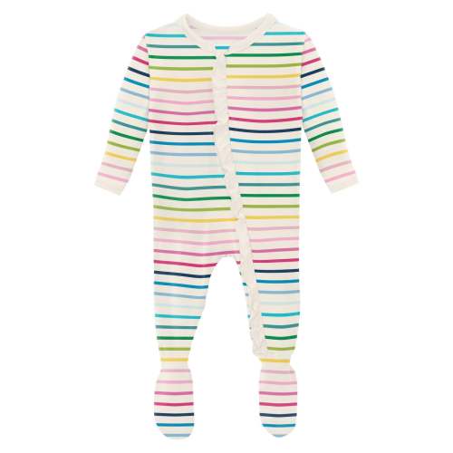 Print Layette Ruffle Footie with 2 Way Zipper in Happy Stripe