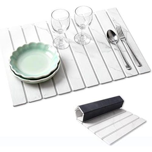 Stone Dish Drying Mat for Kitchen Counter, 24''×16'' Quick Dry Stone Dish Matt Collapsible Water Absorbing Diatomaceous Earth Drying Organizer Mat for Dishes Bottles Cups, Any Countertop(White Marble)