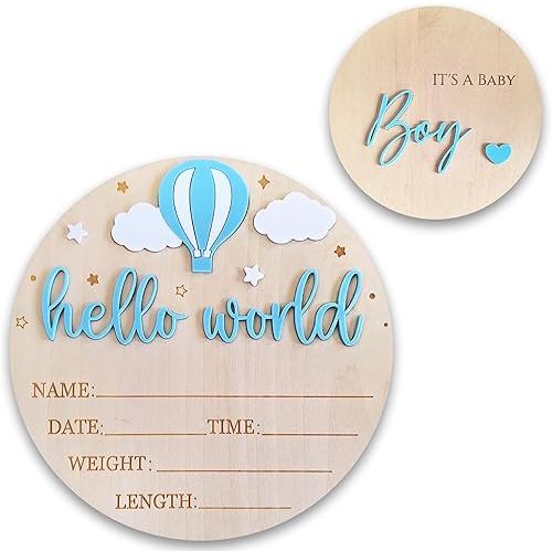 Hello World Newborn Sign - Double-Sided IT’S A BABY Boy Announcement Sign, 5.9" Round Wooden Baby Name Sign - Keepsake Gift for Boy’s First Day, Hospital, Shower, or Nursery Décor (Blue)