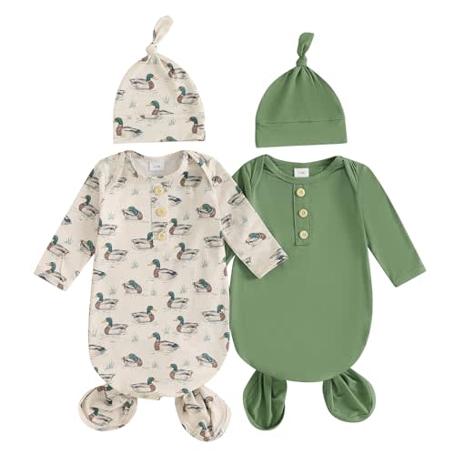 woshilaocai 2 Pack Baby Boy Girl Gown Sleeper Newborn Knotted Nightgown and Hat Set Infant Sleepwear