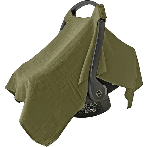 MOZAH 100% Organic Muslin Baby Car Seat Cover Muslin Carseat Canopy Baby Car Seat Covers for Boys (Olive Green)