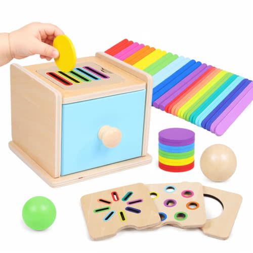 4-in-1 Montessori Coin Box, Wooden Montessori Toys for 1+ Year Old | Object Permanence Ball Drawer Drop Box, Learning Color Sorting Sensory Fine Motor Skills Toys, 1st Birthday Girl Boy Gifts
