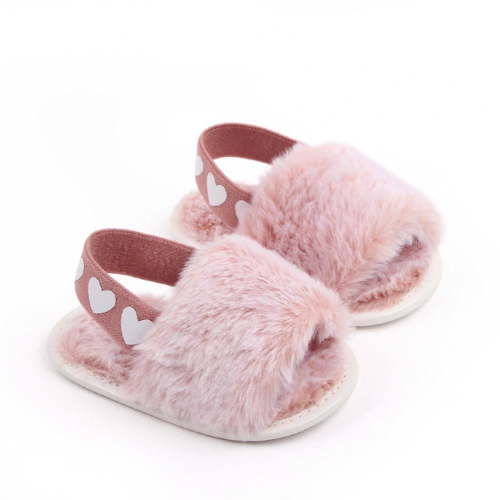 Baby Girls Warm Fuzzy Slipper Plush Sandals Soft Sole Faux Fur Flats Toddler Prewalker Slipper Elastic Back Strap