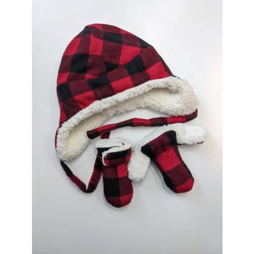 Fleece Lined Baby Hat and Mittens Set: Flannel/Cotton Ear Flap Winter Set