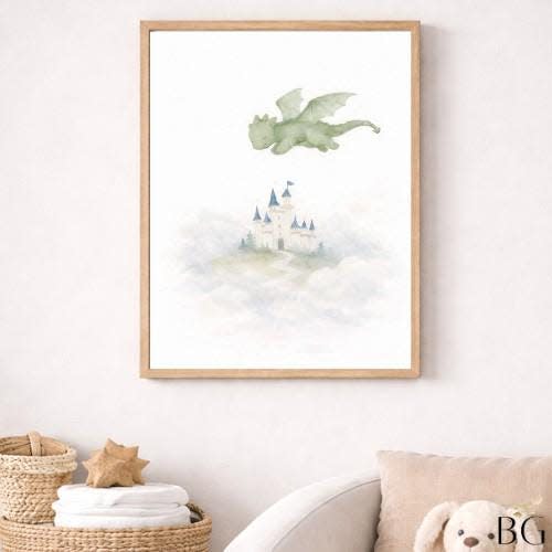 Dragon Nursery Art Set, Watercolor Flying Dragon Print, Storybook Baby Boy Decor (Digital Download)
