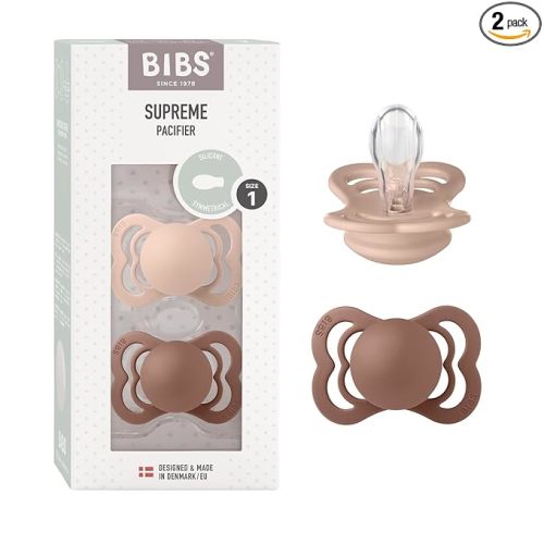 BIBS Pacifiers - Supreme Collection | Symmetrical Nipple | Silicone | Made in Denmark | Set of 2 Woodchuck/Blush Color Premium Soothers | Size 0-6 Months