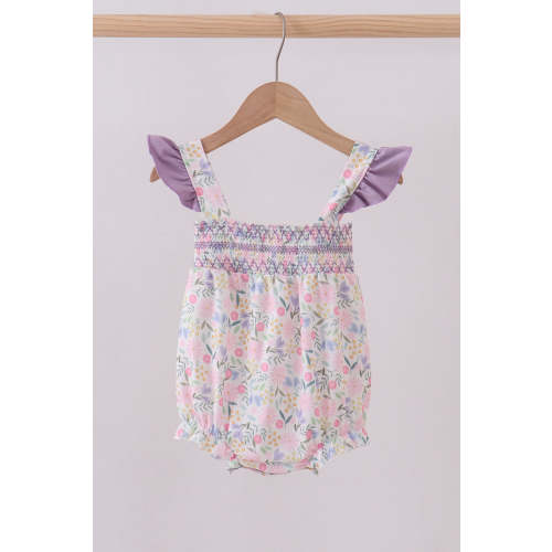 Purple floral smocked ruffle bubble