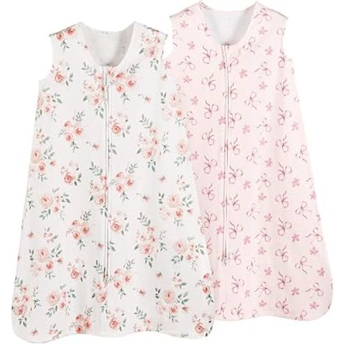 david's kids 100% Organic Cotton Baby Sleep Sack 12-18 Months, Ultra Soft Baby Wearable Blankets with 2-Way Zipper, 2 Pack Comfy Toddler Sleeping Bags for Boys Girls Neutral, Large Size, Pink Floral