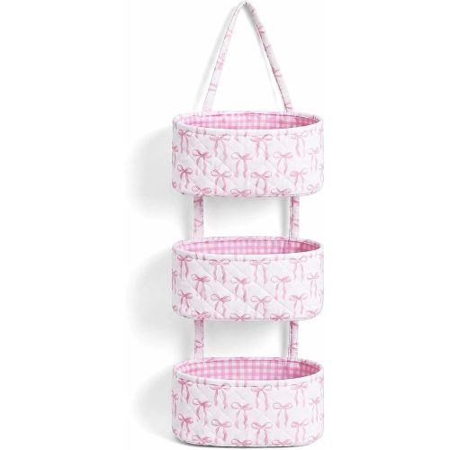 Pink Bow Over The Door Hanging Basket 3 Tier Pink Storage Basket Cotton Wall Mounted Storage Organizer Bag Coquette Decor for Girl Baby Nursery Bathroom Closet Bedroom
