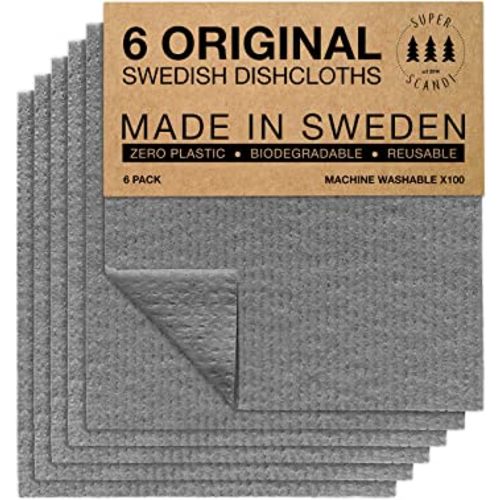 SUPERSCANDI Swedish Dishcloths for Kitchen 6 Pack of Grey Reusable Compostable Kitchen Cloth Made in Sweden Cellulose Sponge Swedish Dish Cloths for Washing Dishes