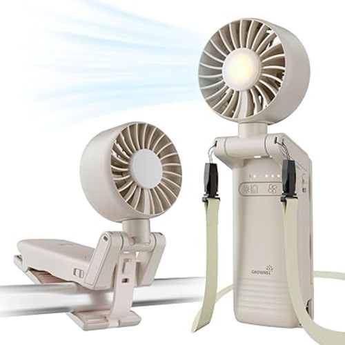 GROWNSY Portable Stroller Fan with Clip | Foldable Baby Fan for Car Seat | Small Handheld Fan with Soft Night Light | Rechargeable 4-Speed Mini Fan for Carrier/Beach/Travel/Crib/Camping (Beige)