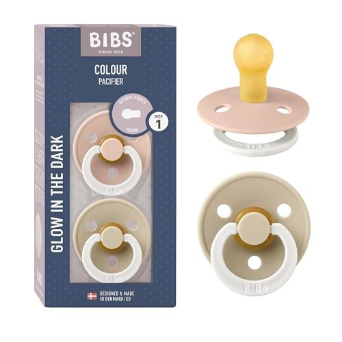 BIBS Pacifiers Colour Collection | Natural Rubber Baby Pacifier | Set of 2 BPA-Free Soothers | Made in Denmark | 0+ Months (Pack of 2) | Blush Night/Vanilla Night