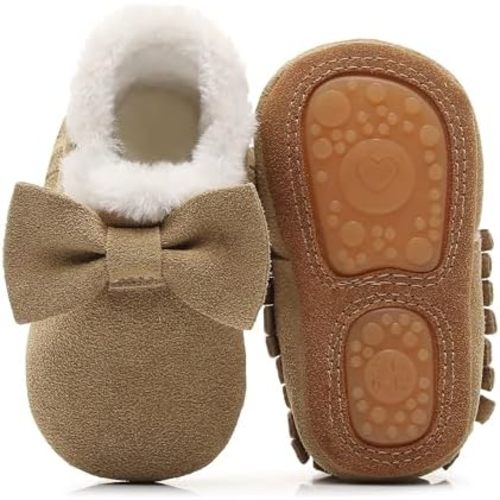 HONGTEYA Baby Moccasins with Fur Fleece Rubber Soles Warm Snow Boots Leather Baby Shoes for Boys Girls…