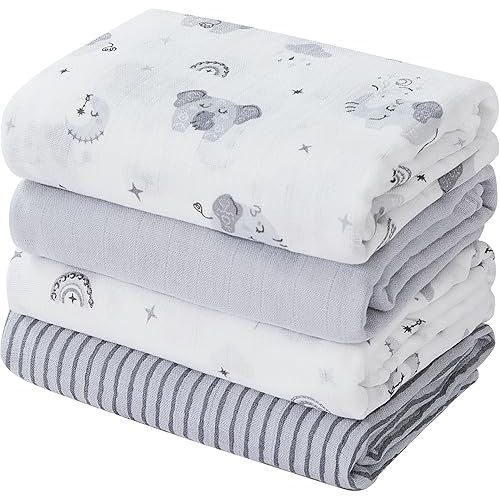 softan Swaddle Blankets for Baby Girls & Boys Gift, Large 47X47 inches Receiving Blankets for Newborn,4 Pack Gray Elephant