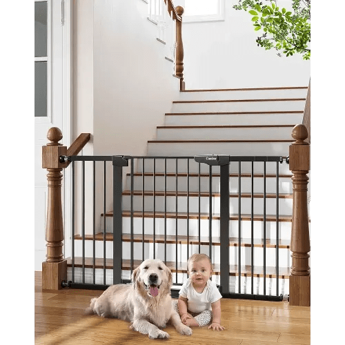Cumbor 29.7-54.2" Wide Baby Gate for Stairs, Mom's Choice Awards Winner-Self Closing Dog Gate Indoor for Doorways, No Drilling Pressure Mounted Pet Gates for Kids, Easy Walk Through Safety Gate, Black