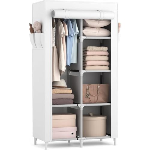 ROJASOP Portable Closet Wardrobe Closet for Hanging Clothes with 6 Storage Shelves, 1 Hanging Rod and 4 Pockets, Clothes Organizer and Storage Wardrobe Free Standing Closet for Bedroom, White