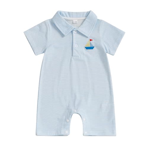 Baby Boy Summer Outfit Short Sleeve Embroidery Collared Romper Lapel Button Striped Bodysuit Jumpsuit Clothes