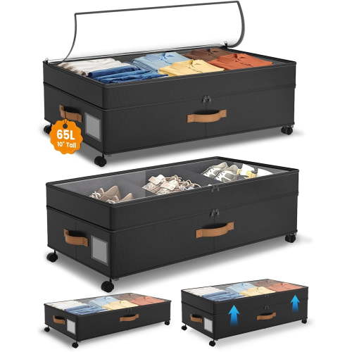 COOKCOK Under Bed Storage with Wheels, 65LL XXL Under the Bed Storage Containers Large, Tall Adjustable Storage for Underbed with Lids, Rolling for Shoes, Clothes, Blankets, Black