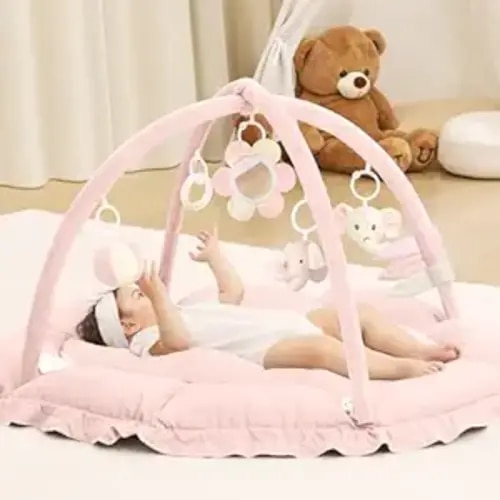 ANGELBLISS 5 in 1 Baby Play Gym Mat, Reversible Tummy Time Mat with 5 Sensory Toys for Stage-Based Developmental, Thick & Large Baby Activity Center from Newborn to Toddler (Pink)