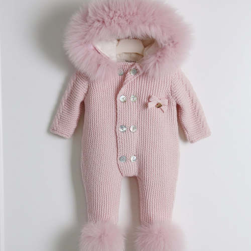PINK MI LOVES SIGNATURE Fox fur trim/pompoms Baby ANGEL pramsuit.