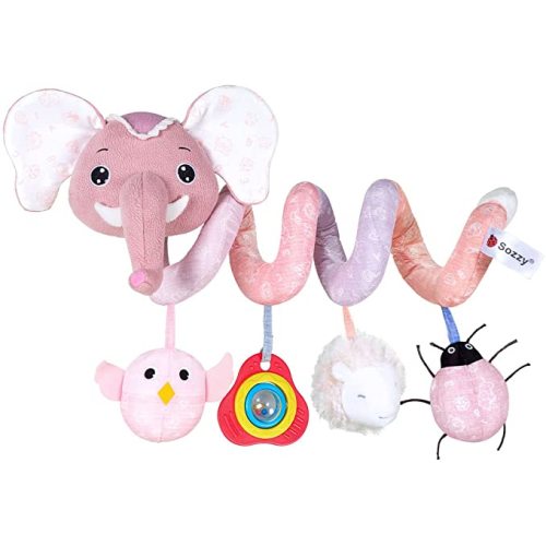 Jollybaby Crib Stroller Car Seat Toys for Baby 0-3-6-9-12 Months, Tummy Time Hanging Sensory Toys for Newborn with Music Box and Teether, Spiral Carseat Toy for Boys Girls Gifts (11-Sz Pink Elephant)