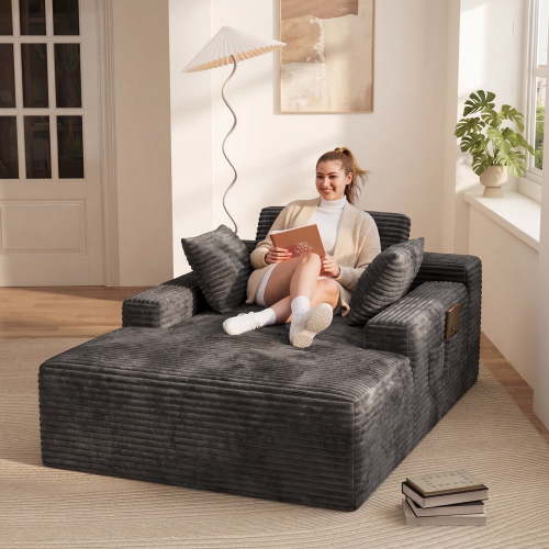 67" Oversized Boneless Chaise Lounge Chair, Cloud-Plush Corduroy Boneless Chase Sofa, Deep Seat Floor Sofa Bed with Pillows, No Assembly Sleeper Couch for Living Room Bedroom, Gray