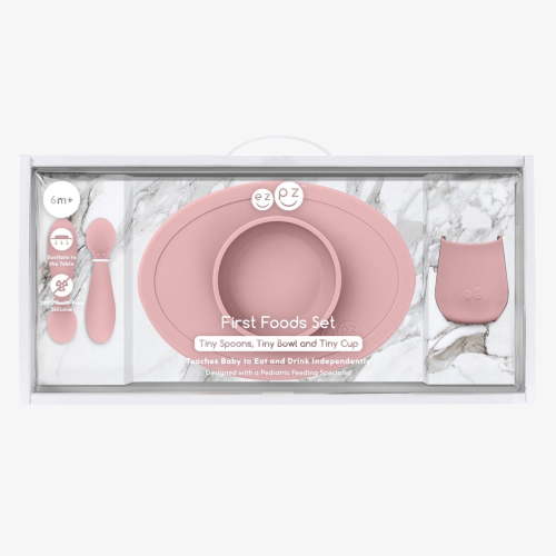 ezpz First Foods Set (Blush) - 100% Silicone Suction Bowl, 2oz Cup, Tiny Spoons - Designed by a Pediatric Feeding Specialist - 6 Months+
