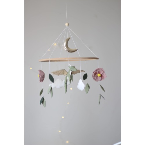 Dragon mobile for fairy nursery |  Dreamy Pink Flower & Green Foliage Dragon Mobile | Magical Baby Shower Gift