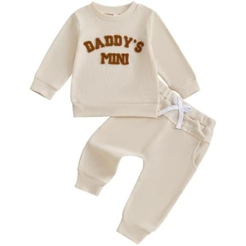 Toddler Baby Boy Fall Outfit Daddy's Mini Waffle Knit Sweatshirt Tops + Jogger Pants Kids Casual Winter Clothes