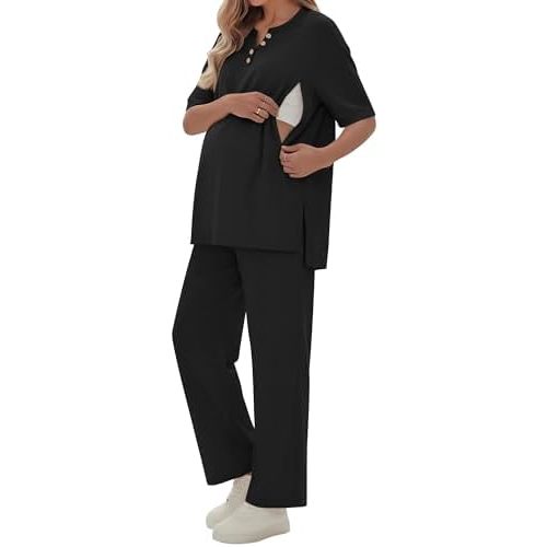 2 Piece Maternity Nursing Set Postpartum Breastfeeding Short Sleeve Zipper Shirts Wide Leg Pants Pregnancy Clothes
