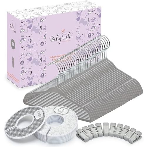 Babyrish Velvet Baby Hangers with 10x Clips and 8X Dividers (30 Pack) | 11” Ultra-Slim Baby Clothes Hangers | Non-Slip Felt | Space-Saving Nursery & Infant Closet Organizer | Gray