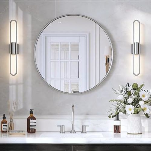 USHOWER 30 Inch Brushed Nickel Round Bathroom Mirror for Over Sink