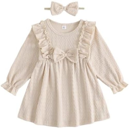 FishingDino Baby Girl Dress Spring Outfits 0-24 Months, Long Sleeve Baby Spring Dress with Headband, Infant Newborn Dresses