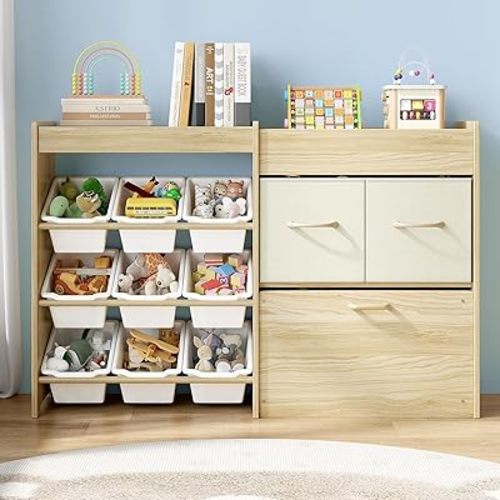 Toy Storage Organizer for Kids, 9-Bin Toy Organizer with 2-Drawers,Movable Toy Chest and Top Rack, Multifunctional Kids Bookshelf and Toy Storage for Living Room, Playroom, Nursery, White