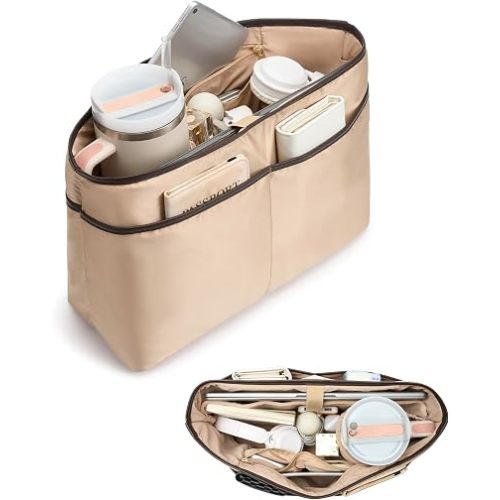 TOVICE XL Purse Organizer Insert for Tote Bag with 40oz Cup Holder & 16" Laptop Sleeve - Satin Bag Organizer with 10 Pockets, Light Weight,Compatible with Neverfull GM, XL Tote Bag Organizer Insert