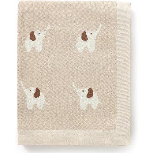 Hadetoto 100% Cotton Baby Blanket Knit Soft Cozy Swaddle Receiving Blankets Toddler Infant Blanket with Lovely Elephant for Newborn Boy Girls - Camel, 90 x 70cm