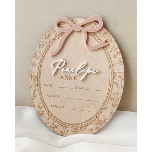 Girl Birth Name Sign Bow Hospital Announcement for Baby Girl Floral Birth Announcement Vintage Style Name Sign Announcement Plaque with Bow