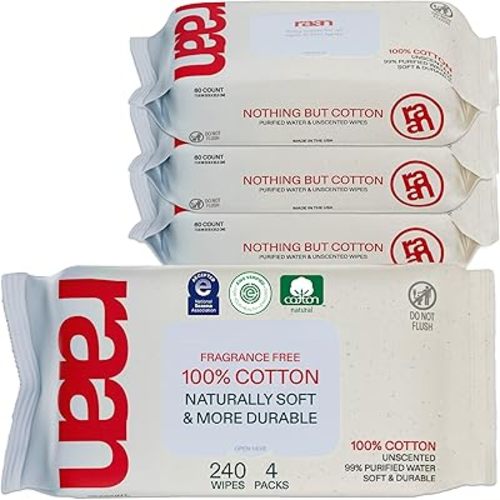 Raan, 100% Cotton Baby & Toddler Wipes, Unbleached, 99% Purified Water, Unscented, EWG verified, Made for Sensitive Skin, Extra Soft and Durable, 4 pack, 240 Count
