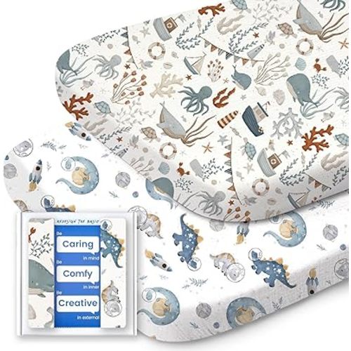 Bassinet Sheets for Baby Boy Girl, TotBasic Buttery Soft Universal Bassinet Fitted Sheet, Compatible with Halo, Mika Micky, Baby Delight, Dream On Me, Maxi COSI and More Bassinet Mattress(Dino&Whale)
