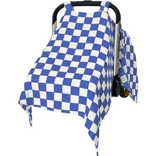 Muslin Baby Carseat Cover - Blue & White Checkered Infant Carrier Canopy, Soft & Breathable Car Seat Cover for Babies, Lightweight Sunshade for Summer, Universal Fit for Boys & Girls