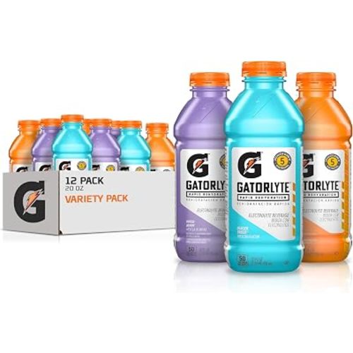 Gatorlyte Rapid Rehydration Electrolyte Drink, 3 Flavor Variety Pack 2.0, 20 fl oz Bottles (12 Pack), Specialized Blend of 5 Electrolytes, Lower Sugar, No Artificial Sweeteners, No Artificial Flavors, Gatorade, Hydration
