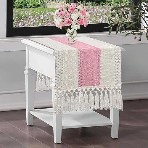yuboo Pastel Pink Table Runner Boho, Spring Shabby Macrame Dresser Runner, Coquette Pink Table Runner for Nightstand, Coffee Table, End Table, Cottage Preppy Room Decor, 48 Inches Long